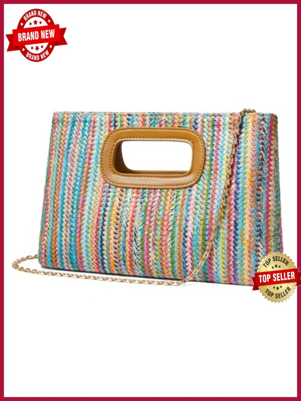 Straw Woven Clutch Evening Handbag with Gold Chain Shoulder Crossbody